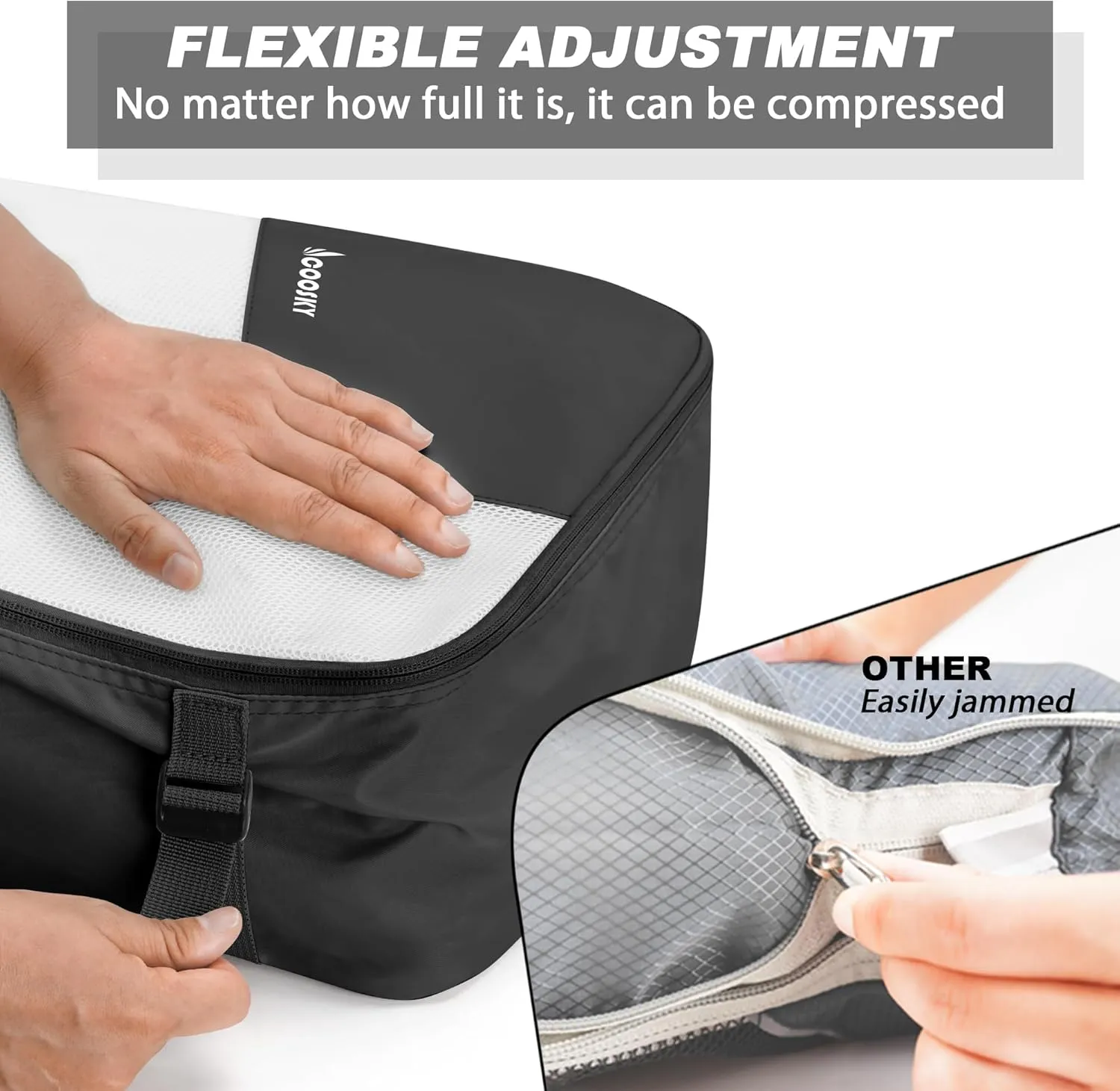 Compression Packing Cubes for Suitcases, COOSKY 6 Set Transparent Clothes Organizer for Travel Essentials, Expandable Storage Bags in Luggage, Carry on Size Travel Accessories for Women/Men, Black