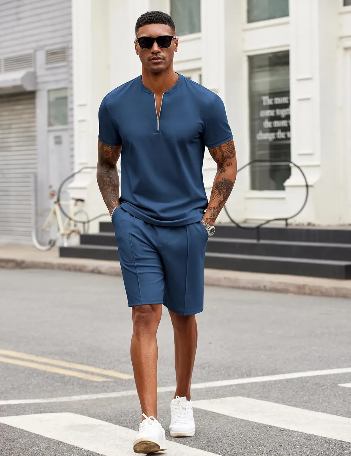COOFANDY Men's 2 Pieces Outfits Casual Quarter Zip Polo T Shirt and Shorts Set Athletic Jogging Summer Tracksuit