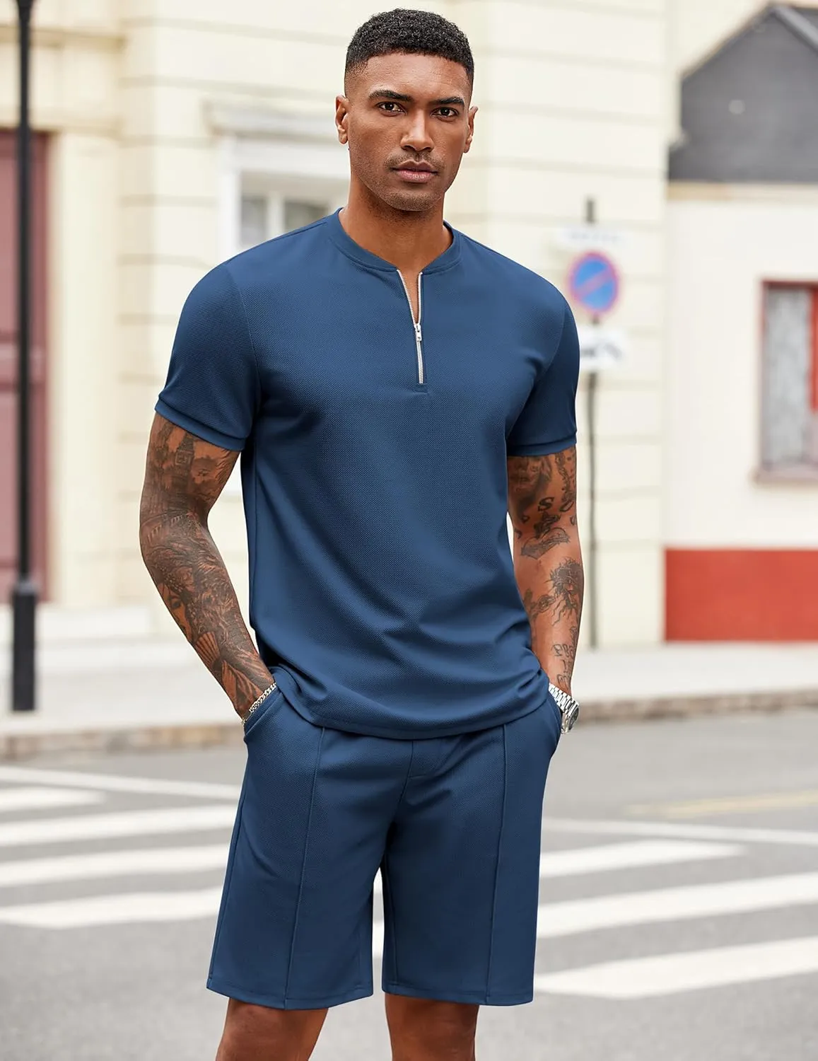 COOFANDY Men's 2 Pieces Outfits Casual Quarter Zip Polo T Shirt and Shorts Set Athletic Jogging Summer Tracksuit