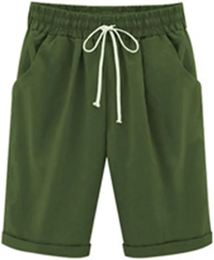 Cotton Linen Drawstring Shorts for Women Elastic High Waist Straight Leg Knee Length Short Pants with Pockets