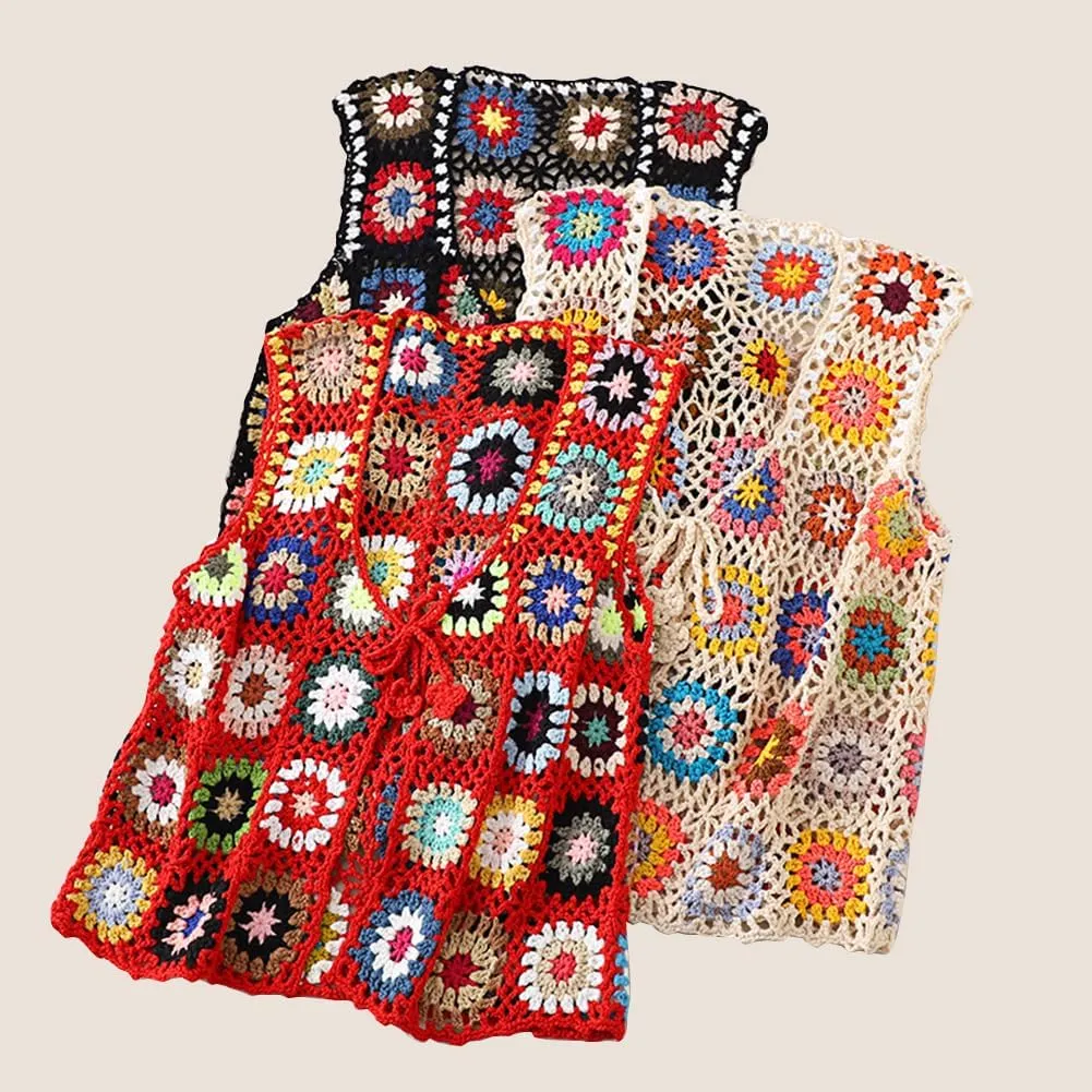 Crochet African Flower Granny Square Crochet Vest, Color Block Sweater, Knitted Multicolor Open Front Cardigan