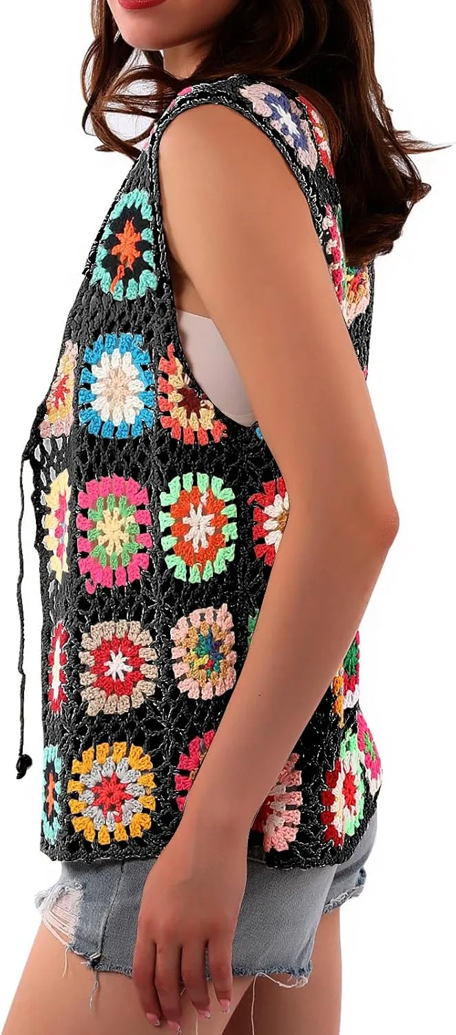 Crochet African Flower Granny Square Crochet Vest, Color Block Sweater, Knitted Multicolor Open Front Cardigan