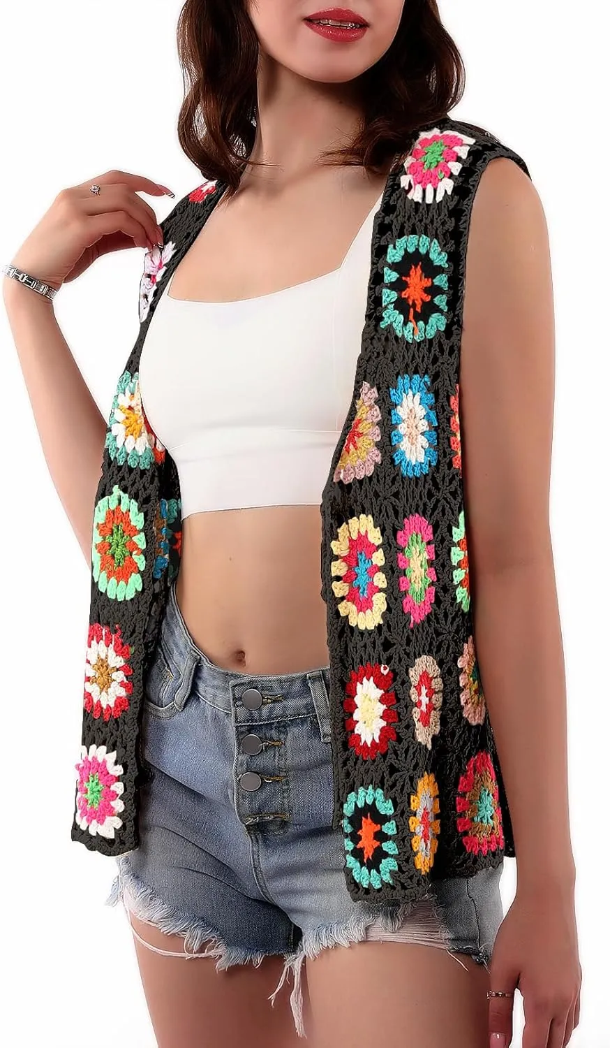 Crochet African Flower Granny Square Crochet Vest, Color Block Sweater, Knitted Multicolor Open Front Cardigan