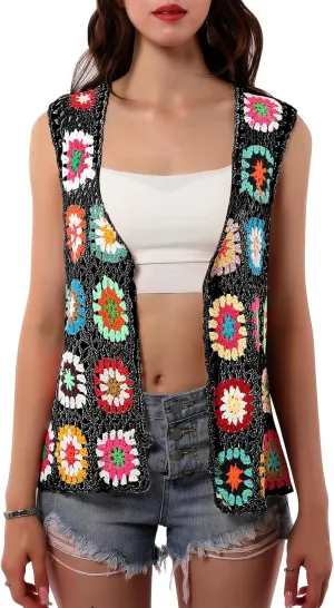 Crochet African Flower Granny Square Crochet Vest, Color Block Sweater, Knitted Multicolor Open Front Cardigan