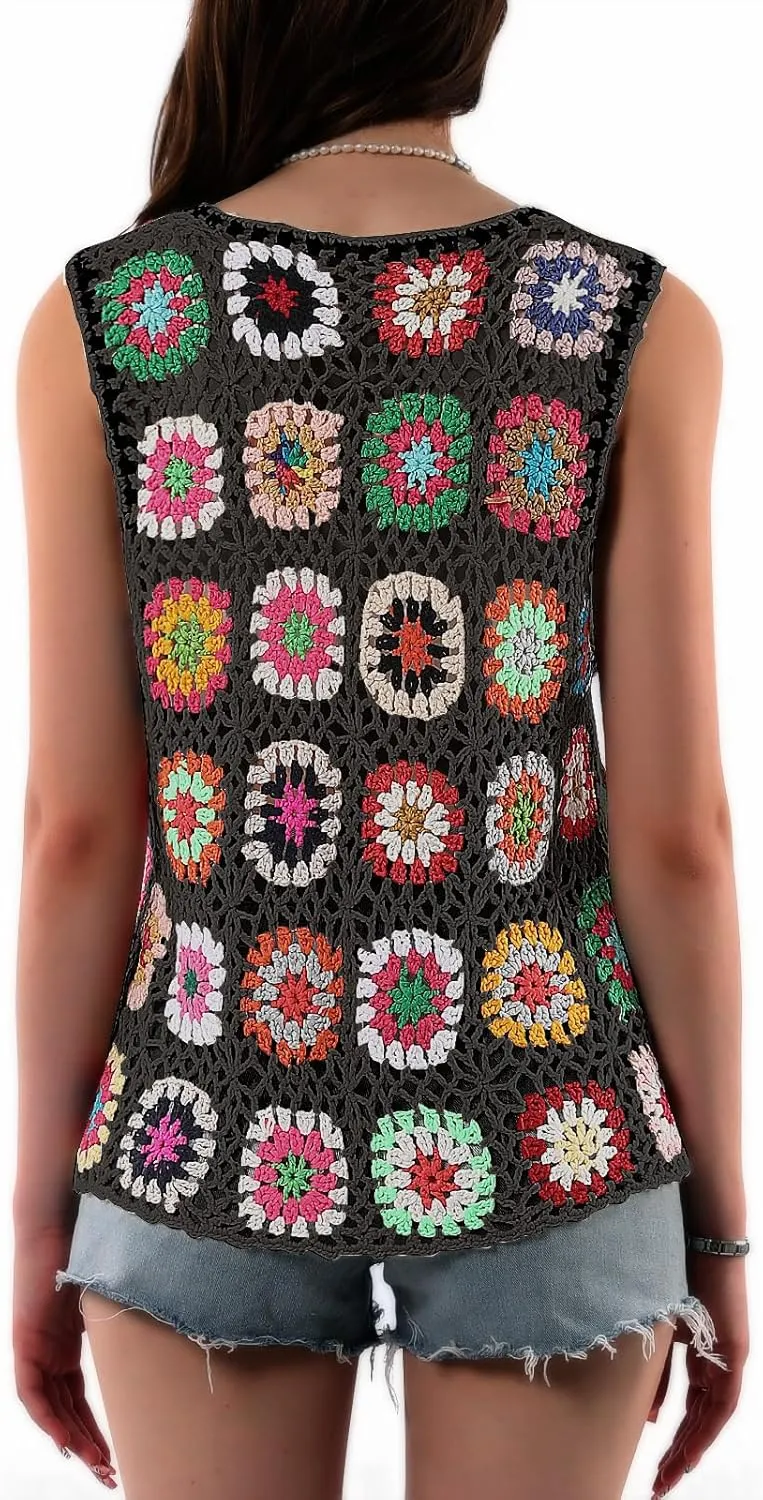 Crochet African Flower Granny Square Crochet Vest, Color Block Sweater, Knitted Multicolor Open Front Cardigan
