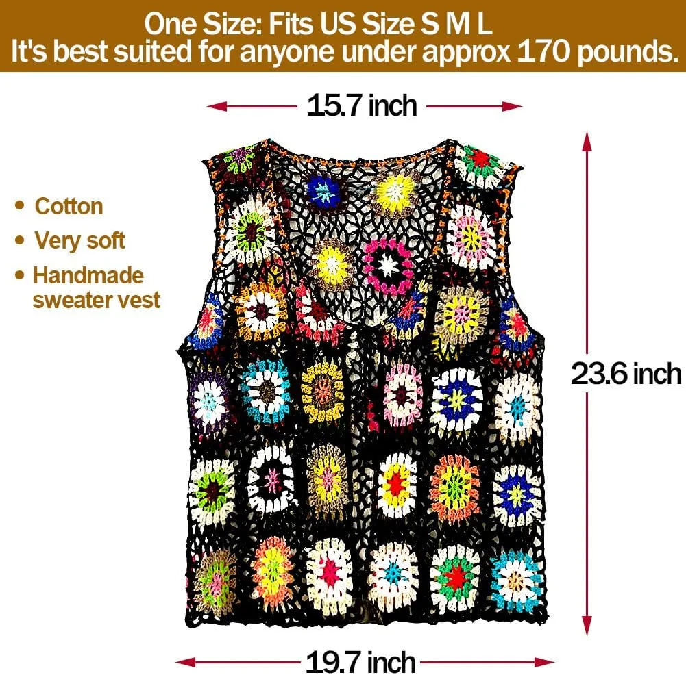 Crochet African Flower Granny Square Crochet Vest, Color Block Sweater, Knitted Multicolor Open Front Cardigan