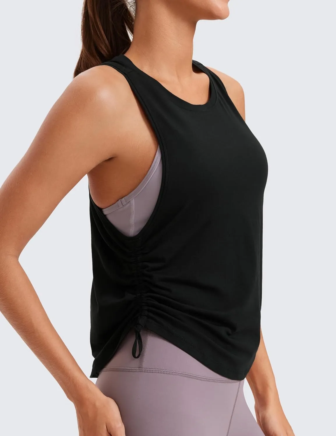 CRZ YOGA Pima Cotton Women Racerback Sleeveless Workout Tops Crew Neck Ruched Side Tanks Athletic Casual Loose Shirts