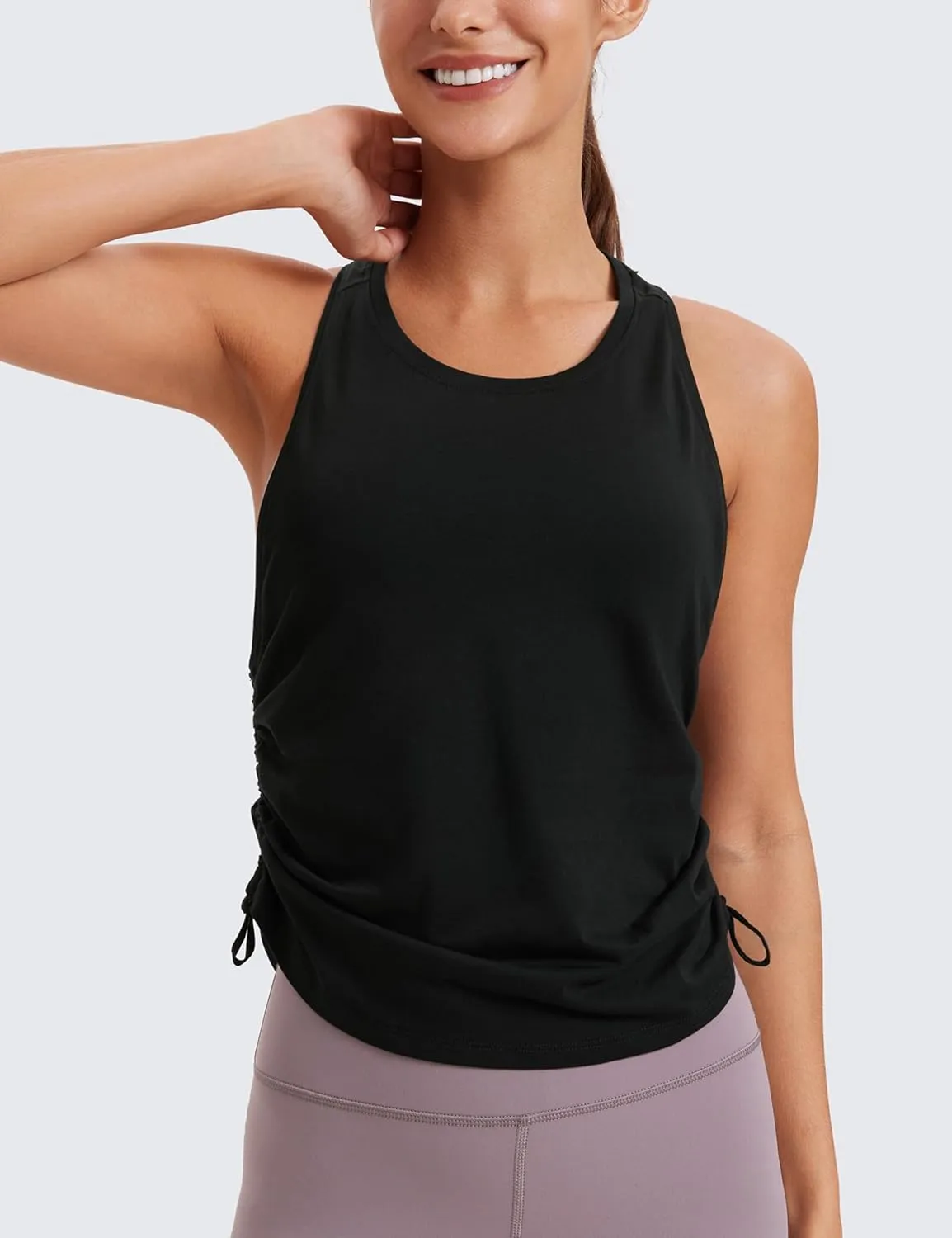 CRZ YOGA Pima Cotton Women Racerback Sleeveless Workout Tops Crew Neck Ruched Side Tanks Athletic Casual Loose Shirts