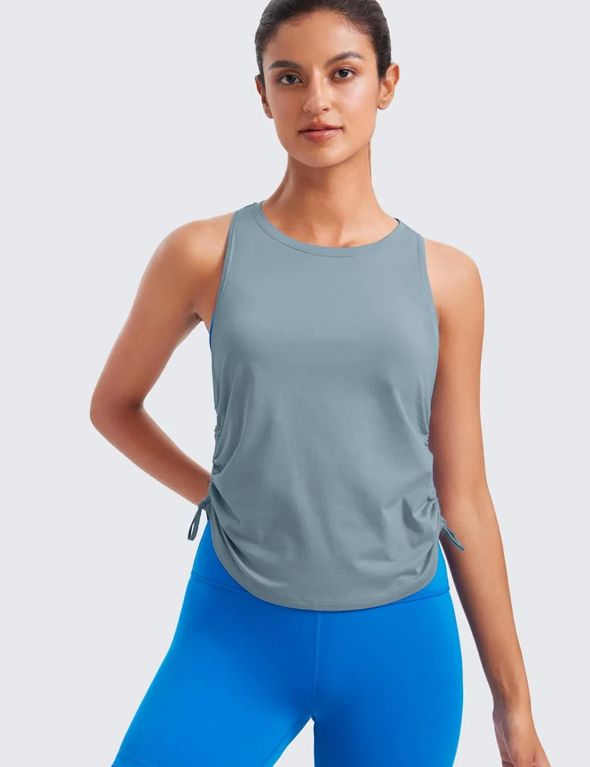 CRZ YOGA Pima Cotton Women Racerback Sleeveless Workout Tops Crew Neck Ruched Side Tanks Athletic Casual Loose Shirts