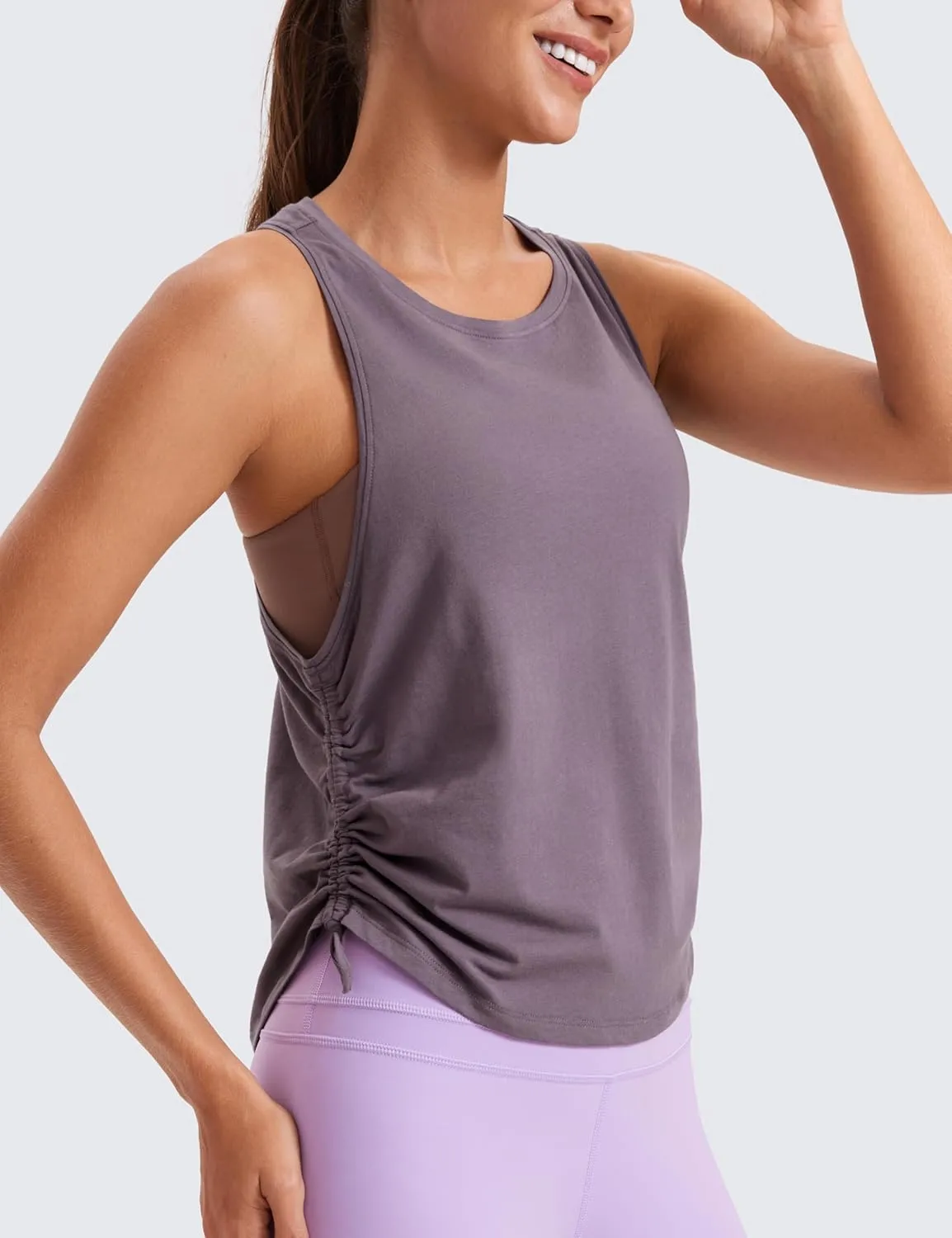 CRZ YOGA Pima Cotton Women Racerback Sleeveless Workout Tops Crew Neck Ruched Side Tanks Athletic Casual Loose Shirts