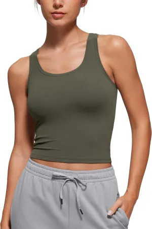 CRZ YOGA Softembrace Casual Tops for Women Soft Double Lined Scoop Neck Crop Sleeveless Shirts Basic Going Out Tanks