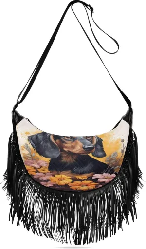 Dachshund Dog Floral Crossbody Bags Handbags Fringe Purse Hobo Bags for Women Work Gifts Lady