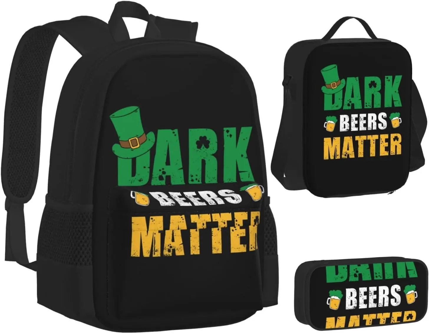 Dark Beers Matter St. Patrick's Day Multifunctional Pocket Backpack Crossbody Lunch Bag Pencil Case 3Pcs Set Large Capacity Backpack