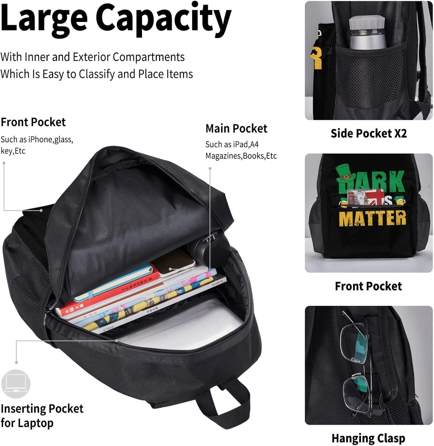 Dark Beers Matter St. Patrick's Day Multifunctional Pocket Backpack Crossbody Lunch Bag Pencil Case 3Pcs Set Large Capacity Backpack