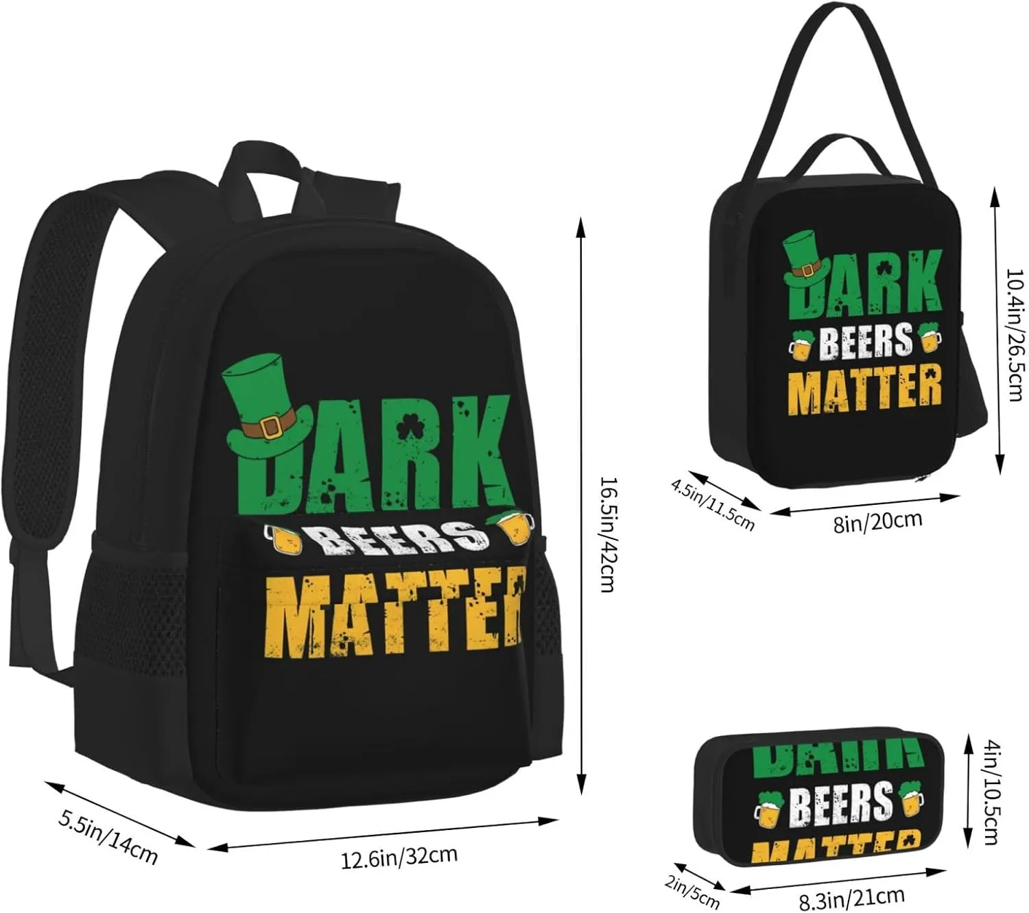 Dark Beers Matter St. Patrick's Day Multifunctional Pocket Backpack Crossbody Lunch Bag Pencil Case 3Pcs Set Large Capacity Backpack