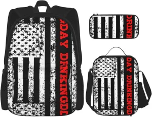 Day Drinkings American Flag Multifunctional Pocket Backpack Crossbody Lunch Bag Pencil Case 3Pcs Set Large Capacity Backpack