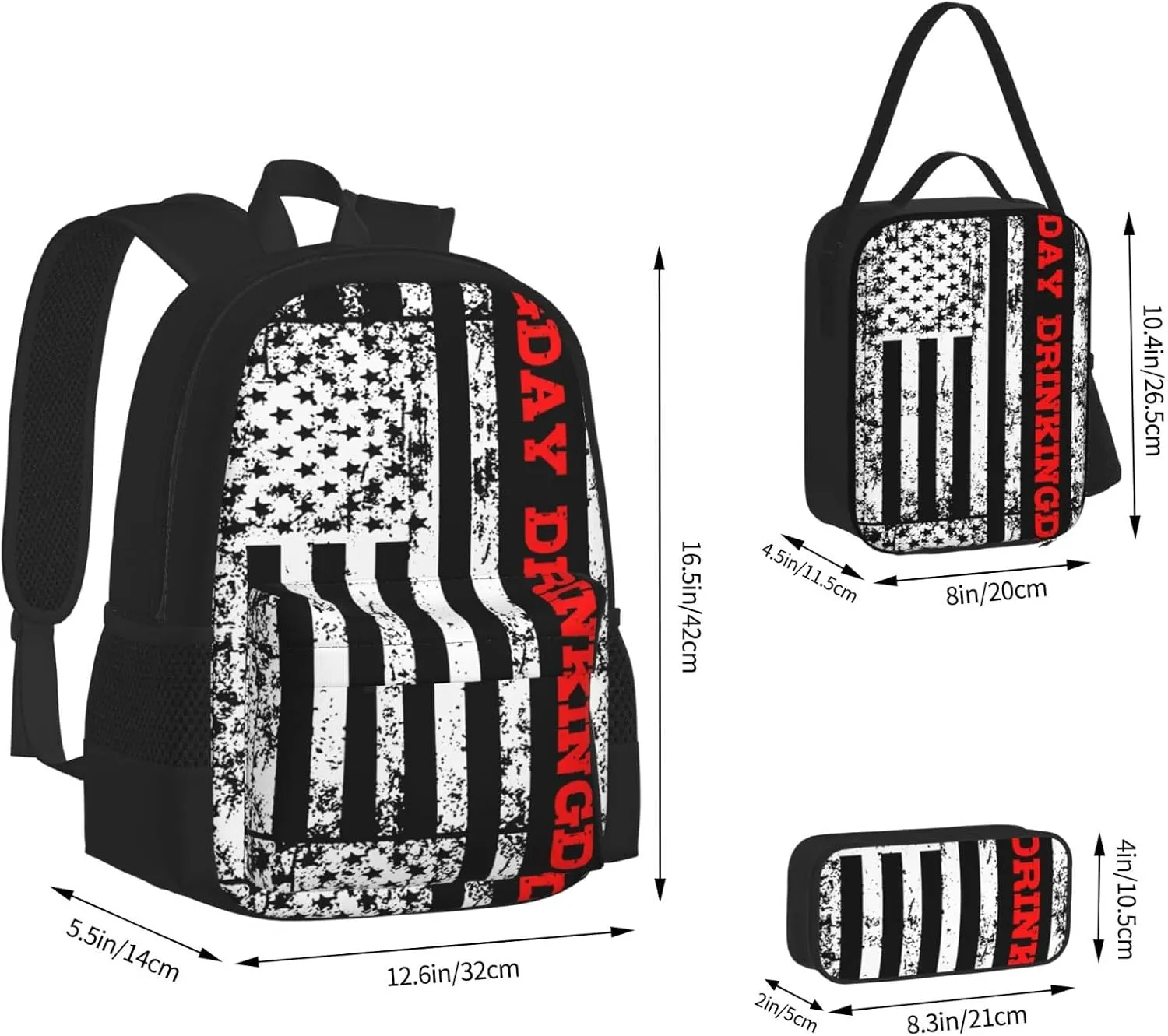 Day Drinkings American Flag Multifunctional Pocket Backpack Crossbody Lunch Bag Pencil Case 3Pcs Set Large Capacity Backpack