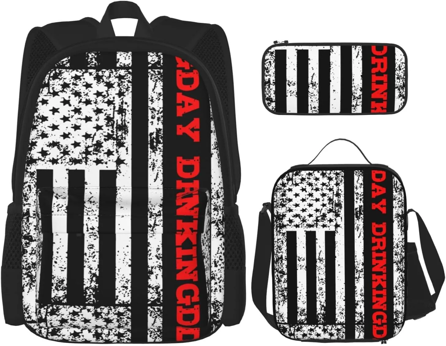 Day Drinkings American Flag Multifunctional Pocket Backpack Crossbody Lunch Bag Pencil Case 3Pcs Set Large Capacity Backpack