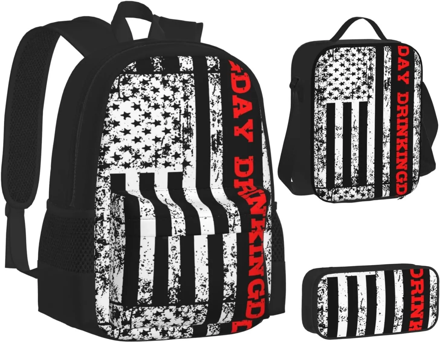 Day Drinkings American Flag Multifunctional Pocket Backpack Crossbody Lunch Bag Pencil Case 3Pcs Set Large Capacity Backpack