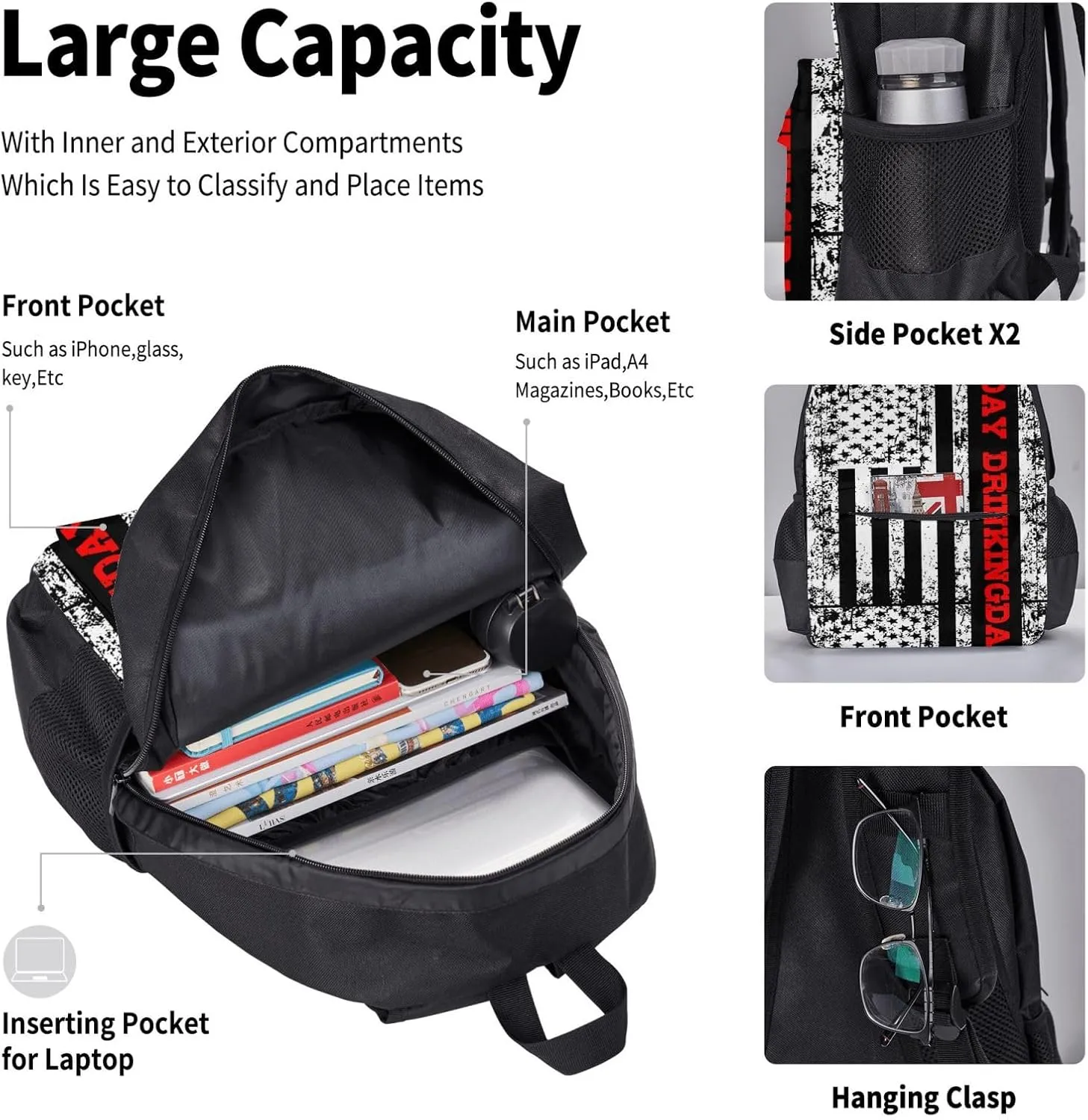 Day Drinkings American Flag Multifunctional Pocket Backpack Crossbody Lunch Bag Pencil Case 3Pcs Set Large Capacity Backpack