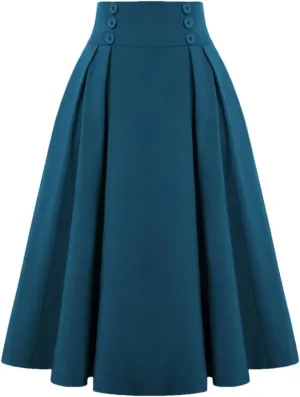 Dbdkejj Women Summer Spring Pleated Skirts for Solid Color High Waist Button Front Midi Maxi Skirt