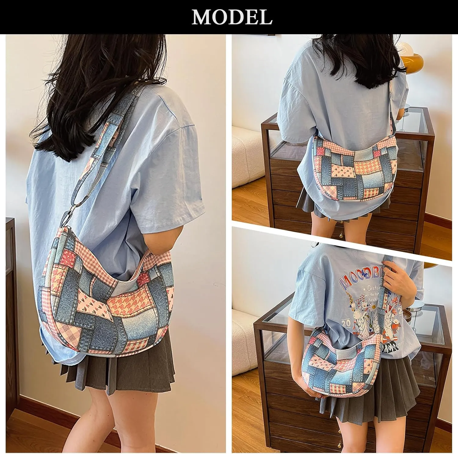 Denim Shoulder Bag, Jean Purses for Women Hobo Bag Y2K Patchwork Denim Tote Handbags