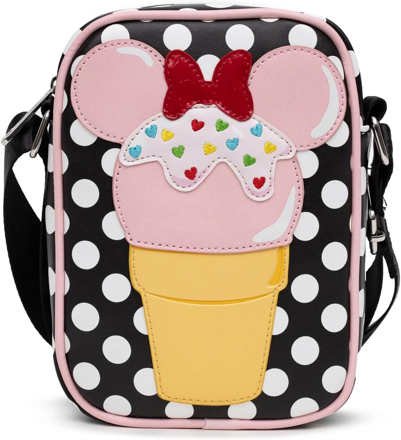 Disney Bag, Crossbody, Minnie Mouse Ice Cream Cone with Polka Dots Black, Vegan Leather