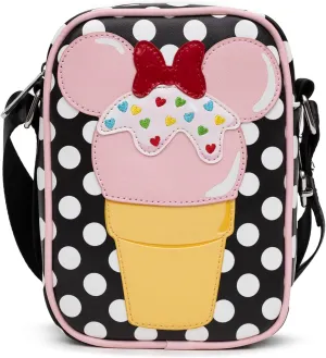 Disney Bag, Crossbody, Minnie Mouse Ice Cream Cone with Polka Dots Black, Vegan Leather