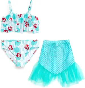 Disney Girls Ruffled Square Neck UPF 50  Bikini Top, Bottom & Tail 3 Piece Swim Set Little Kid to Big Kid Sizes (4-10-12)