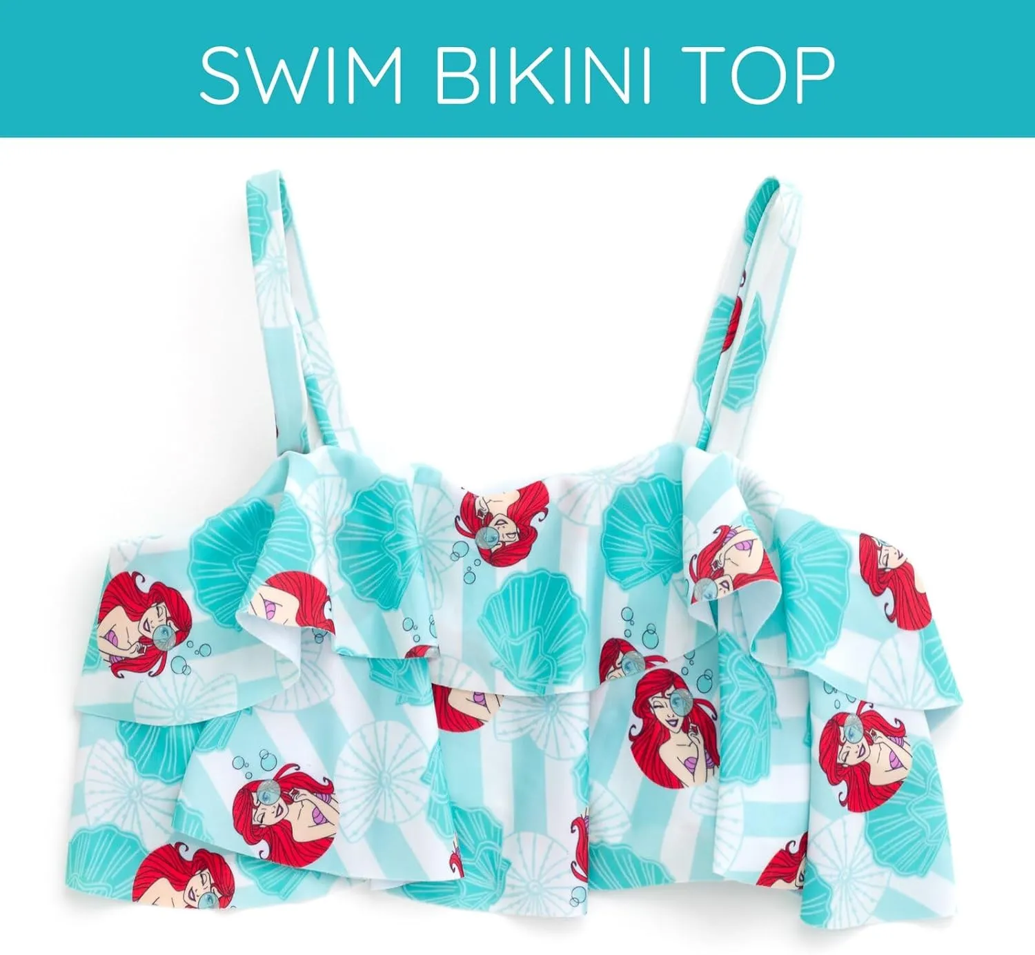 Disney Girls Ruffled Square Neck UPF 50  Bikini Top, Bottom & Tail 3 Piece Swim Set Little Kid to Big Kid Sizes (4-10-12)