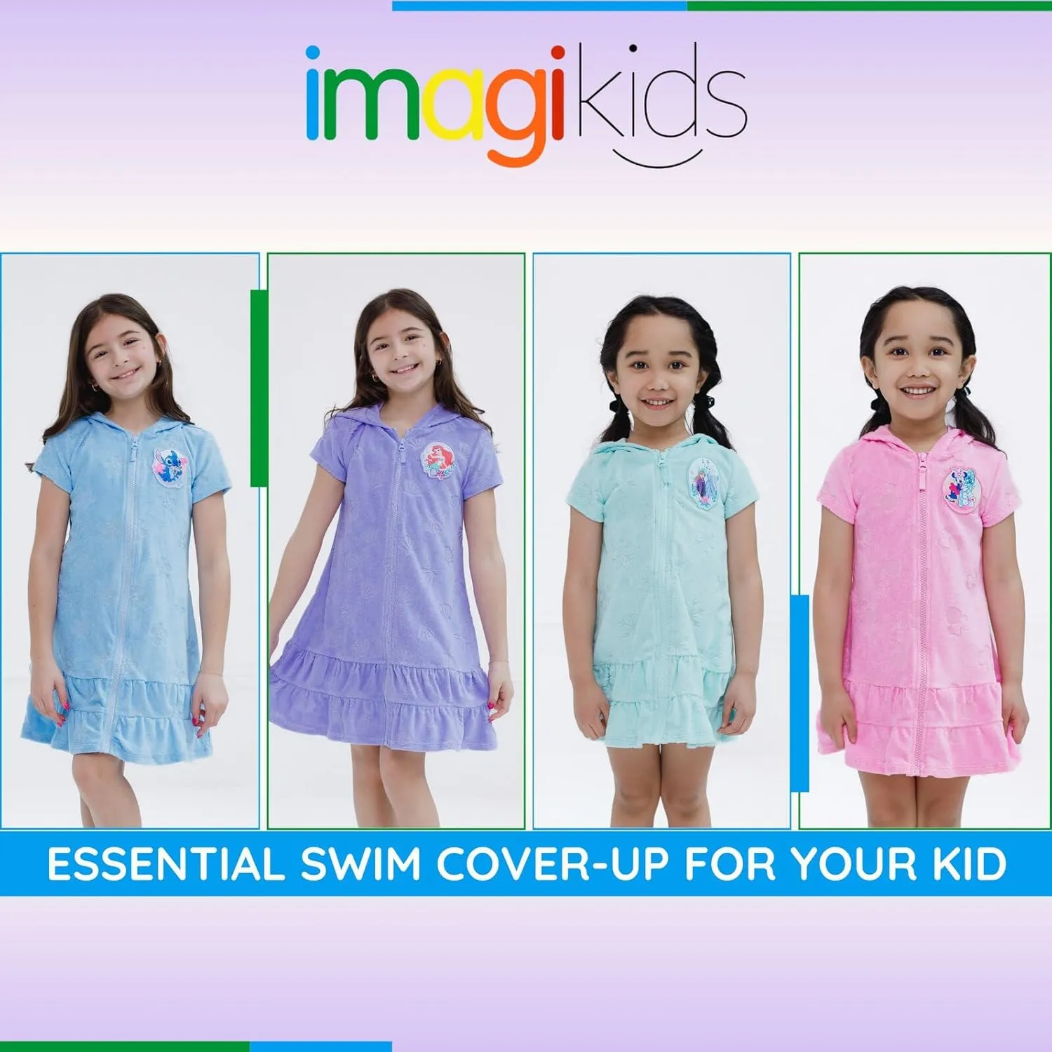 Disney Junior Girls Loop Terry Cloth Hooded Zip Up Swimsuit Cover-Up Toddler to Big Kid Sizes (2T - 14-16)