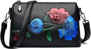 Downupdown Floral Crossbody Bags for Women Vintage Shoulder Bag Hobo Handbags Soft Leather Purse Satchel Zipper Pocket Wallet