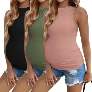 Ekouaer Women Maternity Tank Tops 3 Packs Crew Neck Ribbed Pregnancy Shirts Mama Clothes