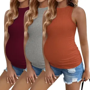 Ekouaer Women Maternity Tank Tops 3 Packs Crew Neck Ribbed Pregnancy Shirts Mama Clothes