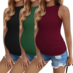 Ekouaer Women Maternity Tank Tops 3 Packs Crew Neck Ribbed Pregnancy Shirts Mama Clothes