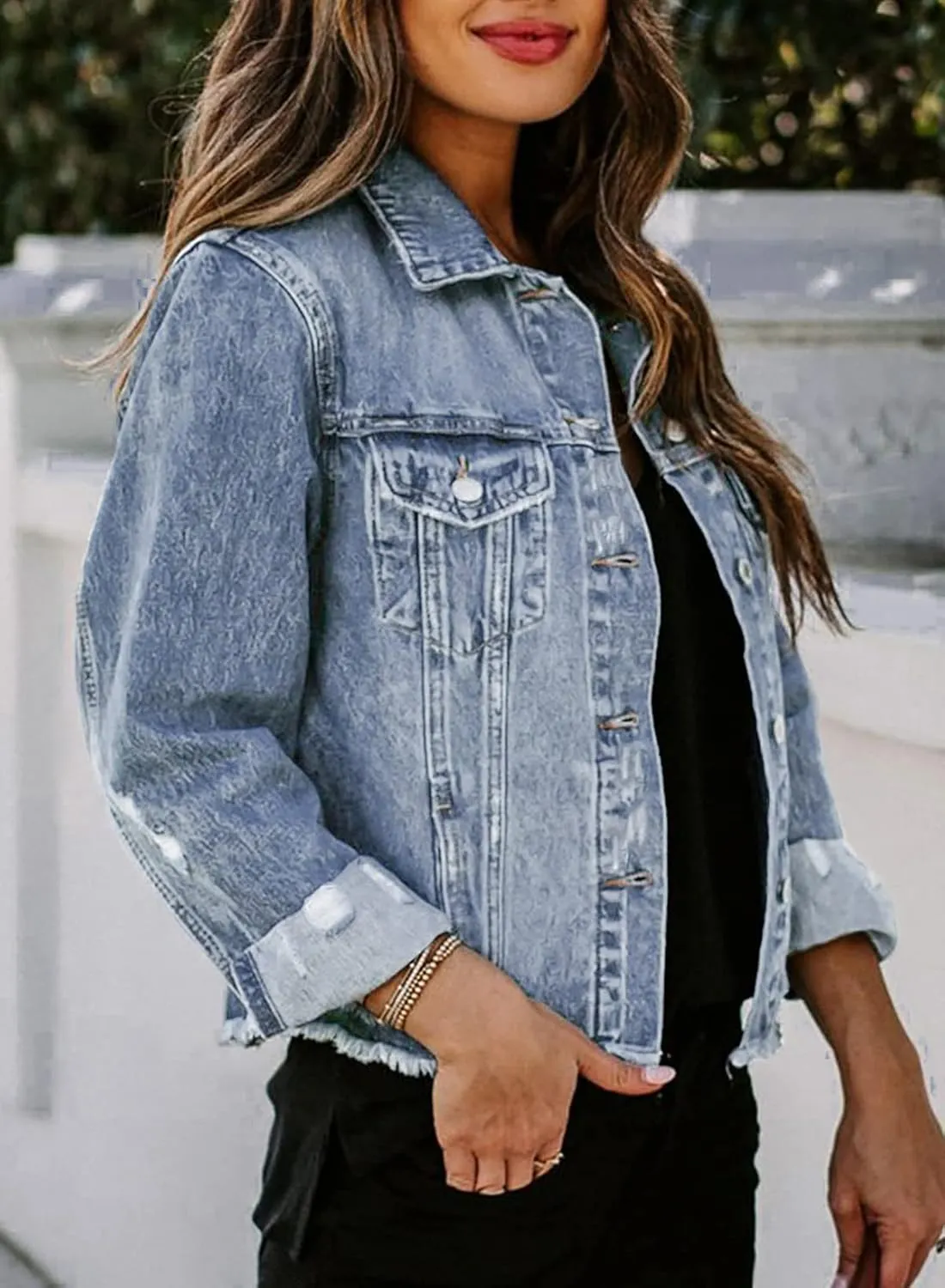 EVALESS Womens Boyfriend Washed Crop Denim Jean Jacket Coat