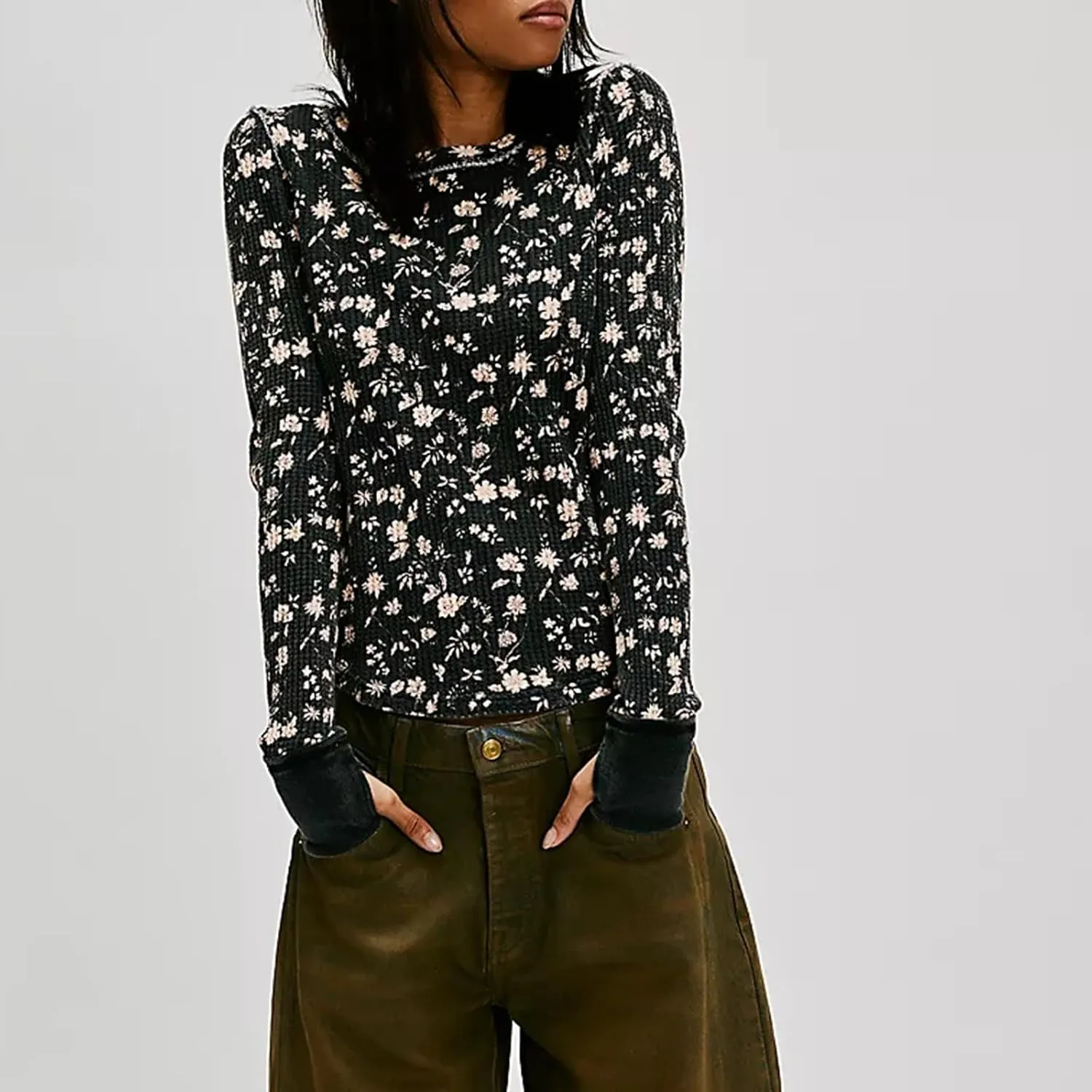 Fairy Grunge Shirts for Women Long Sleeve Floral Print Waffle Ribbed Knit Top Y2k Slim Fit Cute Crewneck Streetwear