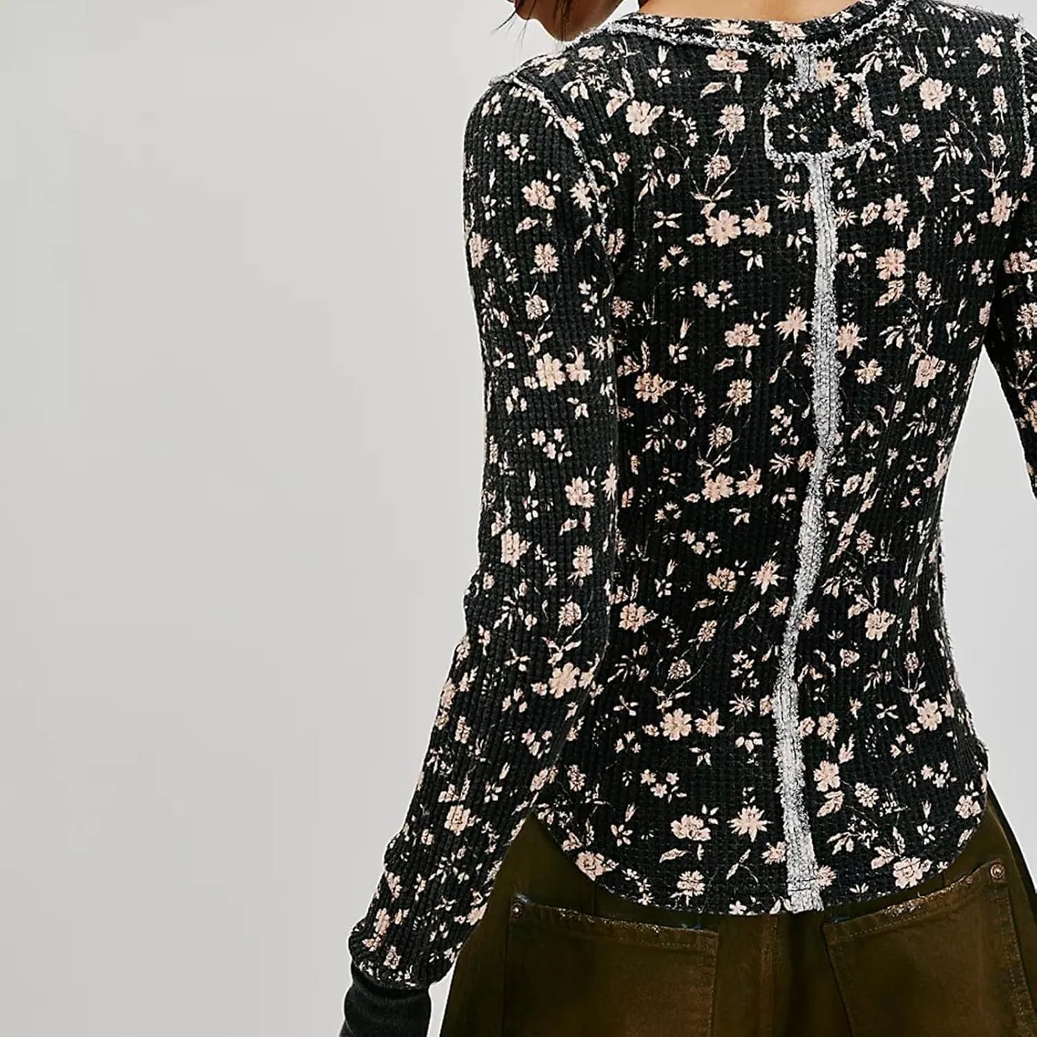 Fairy Grunge Shirts for Women Long Sleeve Floral Print Waffle Ribbed Knit Top Y2k Slim Fit Cute Crewneck Streetwear