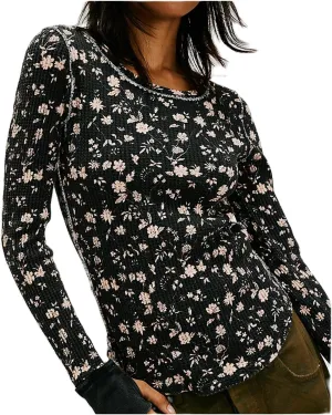 Fairy Grunge Shirts for Women Long Sleeve Floral Print Waffle Ribbed Knit Top Y2k Slim Fit Cute Crewneck Streetwear