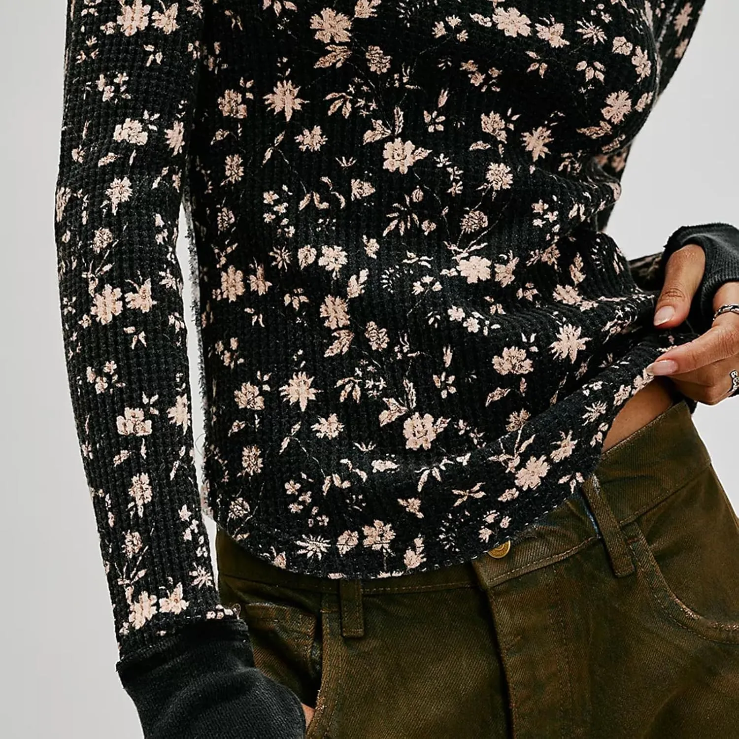 Fairy Grunge Shirts for Women Long Sleeve Floral Print Waffle Ribbed Knit Top Y2k Slim Fit Cute Crewneck Streetwear