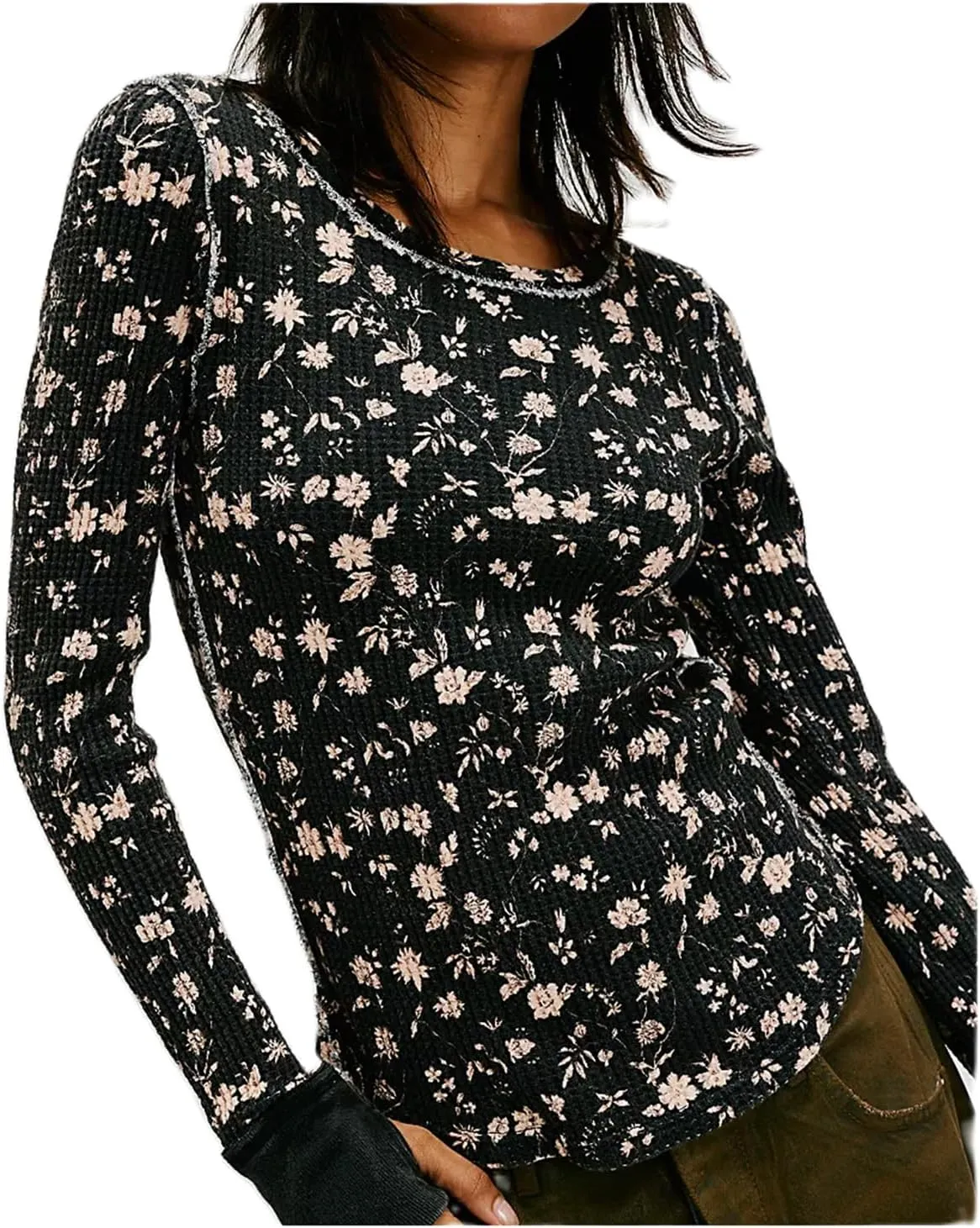 Fairy Grunge Shirts for Women Long Sleeve Floral Print Waffle Ribbed Knit Top Y2k Slim Fit Cute Crewneck Streetwear