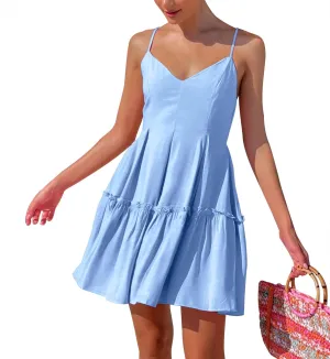 FANCYINN Women's Summer V Neck Casual Swing Short Dress Spaghetti Strap Tiered Backless Dresses with Pockets