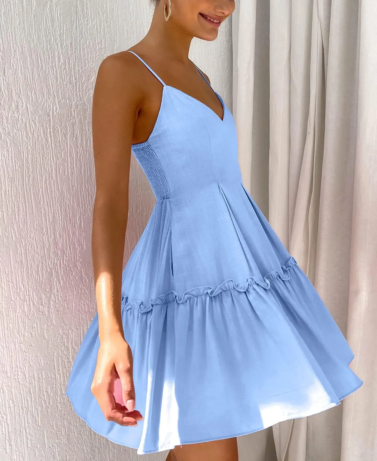 FANCYINN Women's Summer V Neck Casual Swing Short Dress Spaghetti Strap Tiered Backless Dresses with Pockets