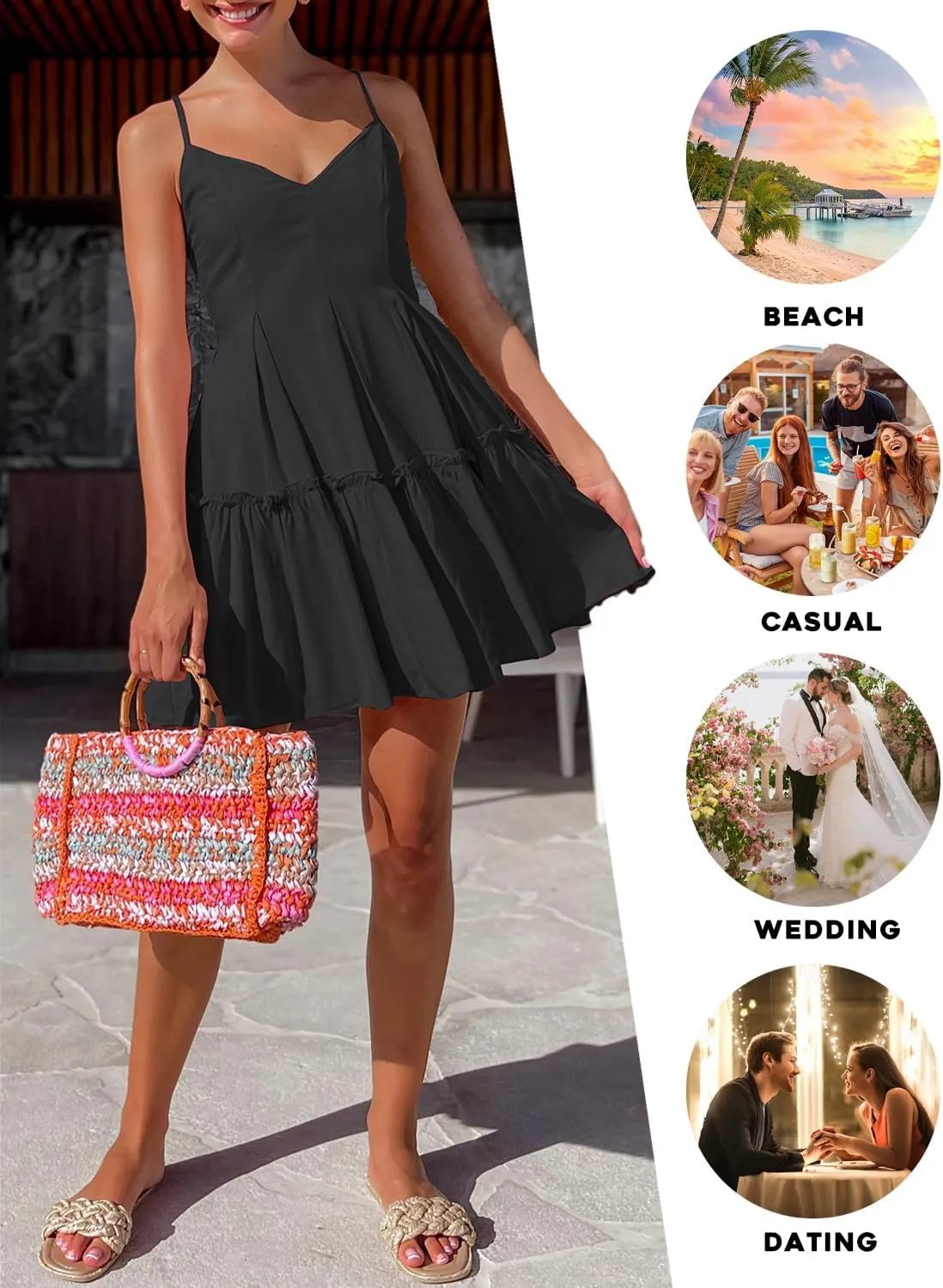 FANCYINN Women's Summer V Neck Casual Swing Short Dress Spaghetti Strap Tiered Backless Dresses with Pockets