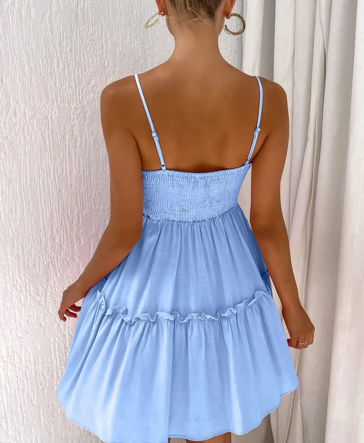 FANCYINN Women's Summer V Neck Casual Swing Short Dress Spaghetti Strap Tiered Backless Dresses with Pockets