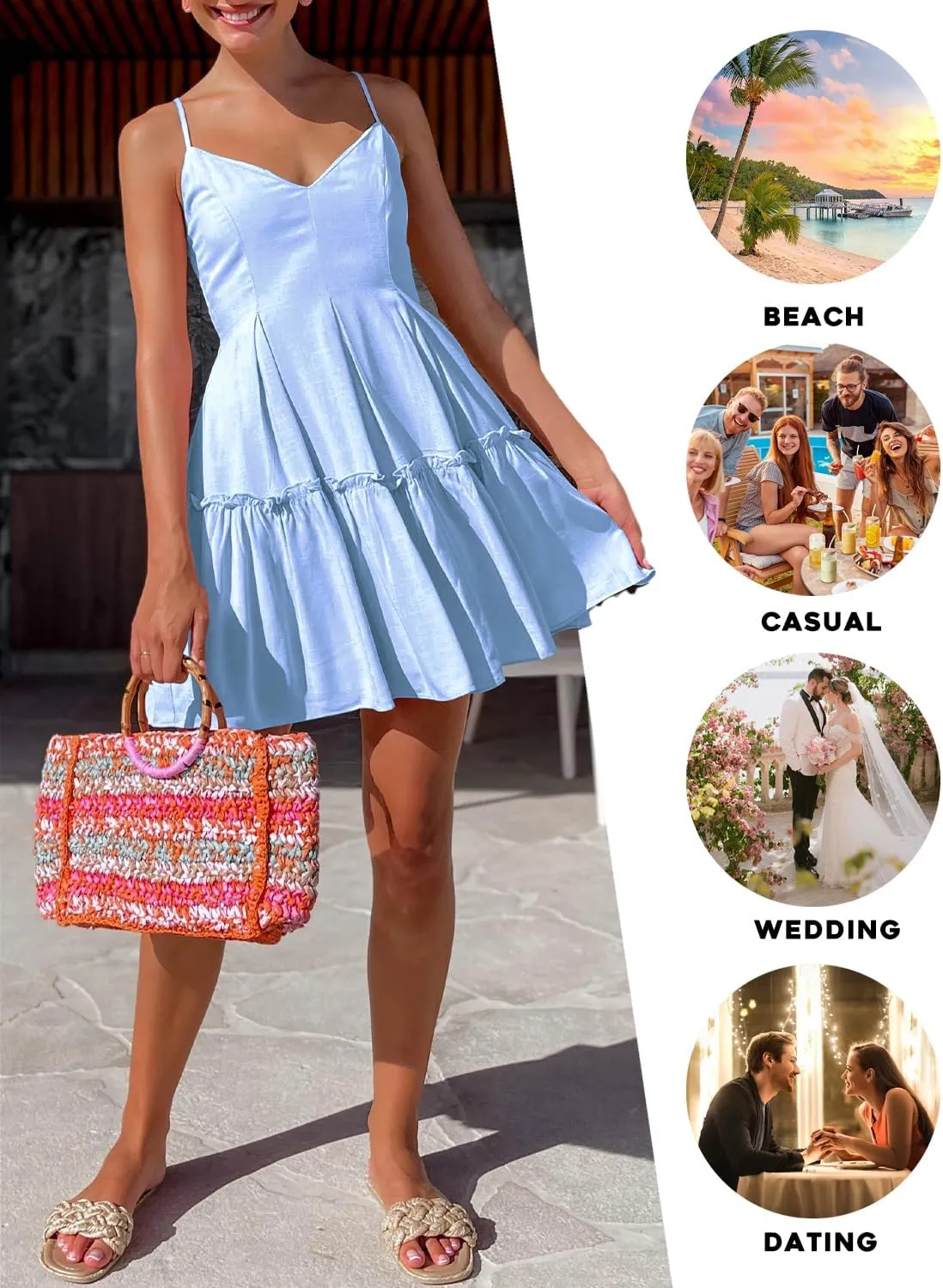 FANCYINN Women's Summer V Neck Casual Swing Short Dress Spaghetti Strap Tiered Backless Dresses with Pockets