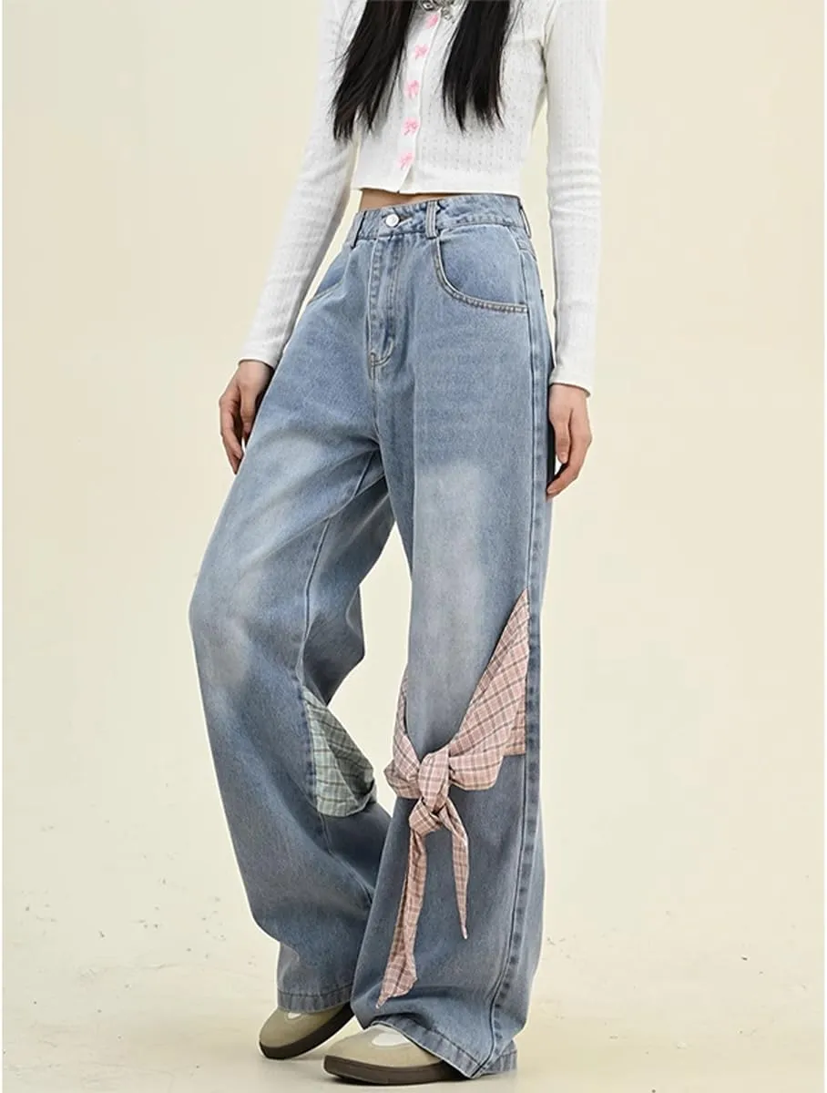 Fashion Straight High Waisted Wide Leg Jeans Casual Y2K Gradual Plaid Bow Tie Patchwork Denim Pants