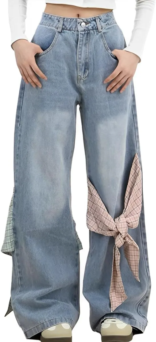 Fashion Straight High Waisted Wide Leg Jeans Casual Y2K Gradual Plaid Bow Tie Patchwork Denim Pants