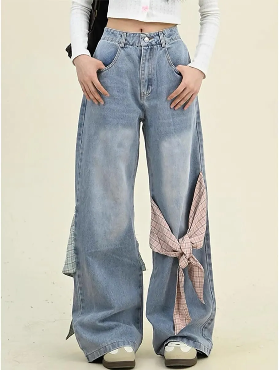 Fashion Straight High Waisted Wide Leg Jeans Casual Y2K Gradual Plaid Bow Tie Patchwork Denim Pants