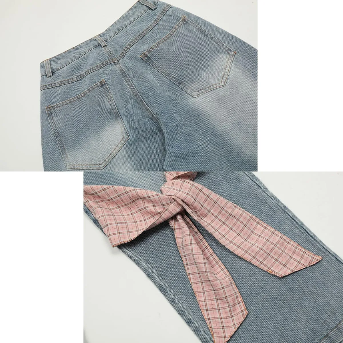 Fashion Straight High Waisted Wide Leg Jeans Casual Y2K Gradual Plaid Bow Tie Patchwork Denim Pants